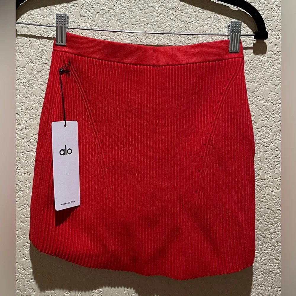 ALO Yoga NWT Denim Knit High Waist Skirt Bright Red Size XS